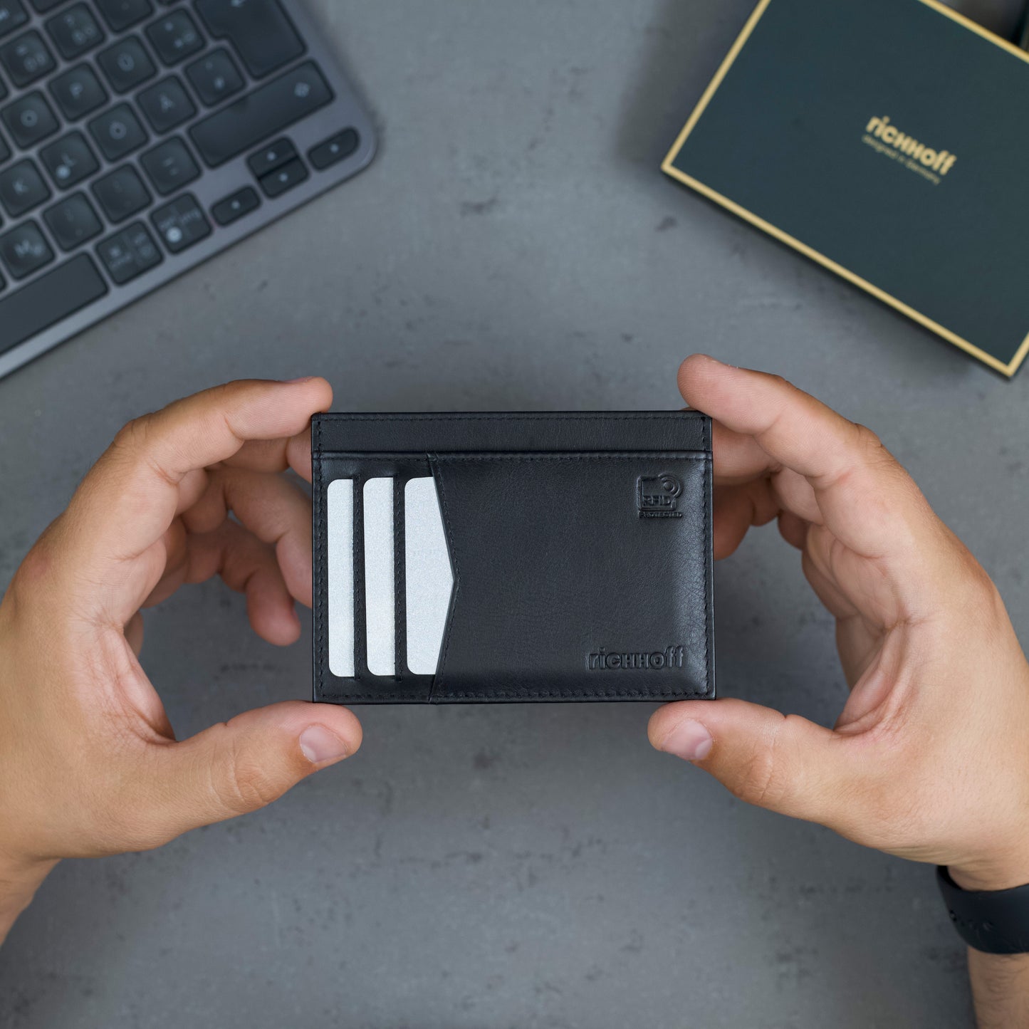 Leather card holder with RFID protection, black