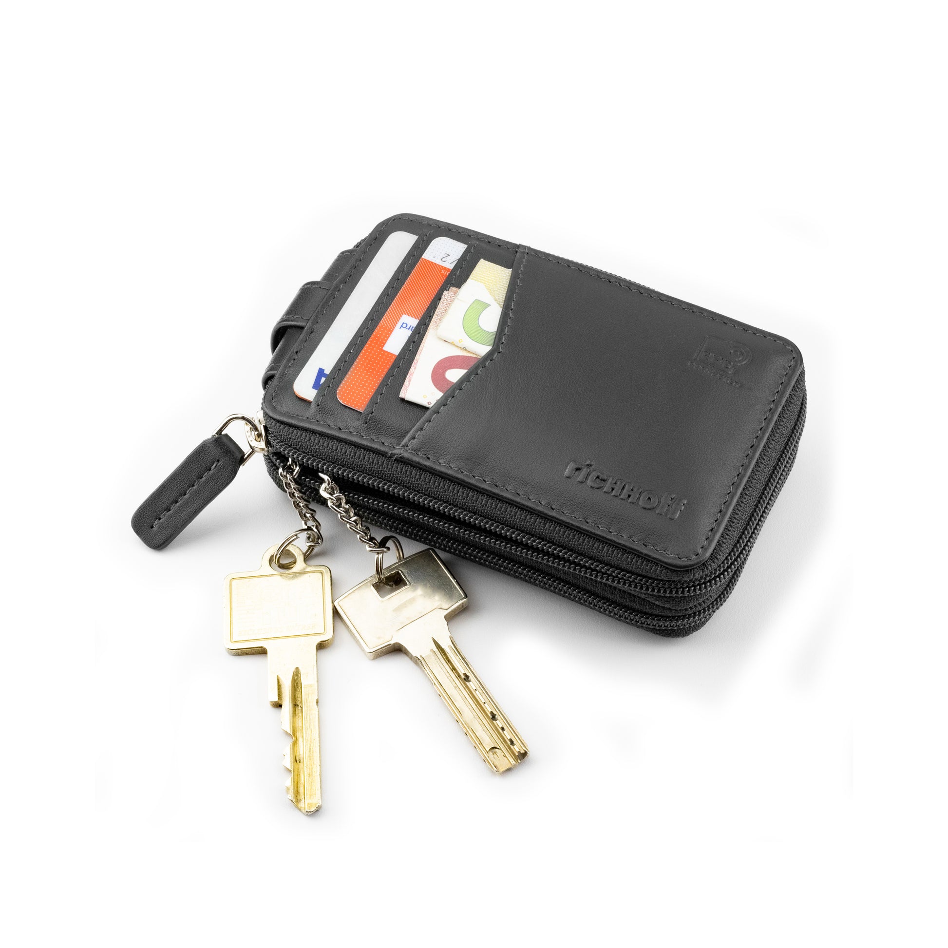 richhoff Schlüsseletui aus echtem Nappa Leder mit Autoschlüssel Fenster, 3  Kartenfächer mit RFID-Schutz, KFZ- Autoschlüssel Hülle, Schlüsseltasche,  Schlüsselmäppchen für Damen Herren, Schwarz