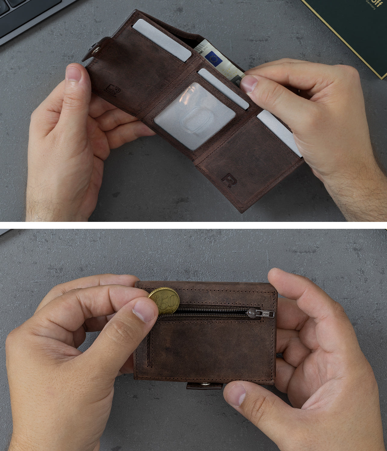 Mini wallet with coin compartment &amp; RFID protection, vintage brown